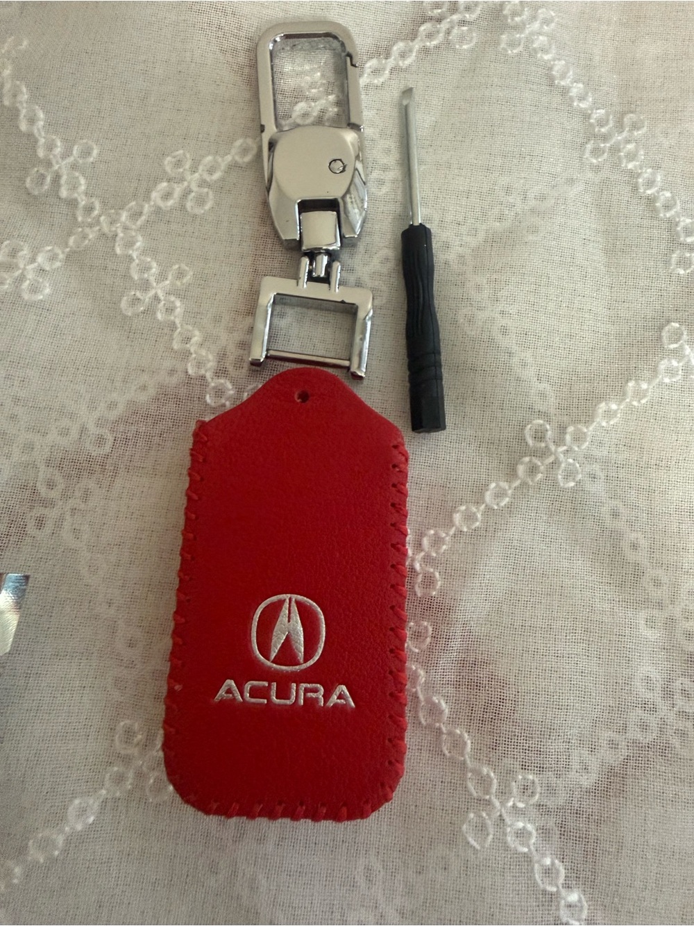 Red Leather Key Fob Cover with Silver Hardware